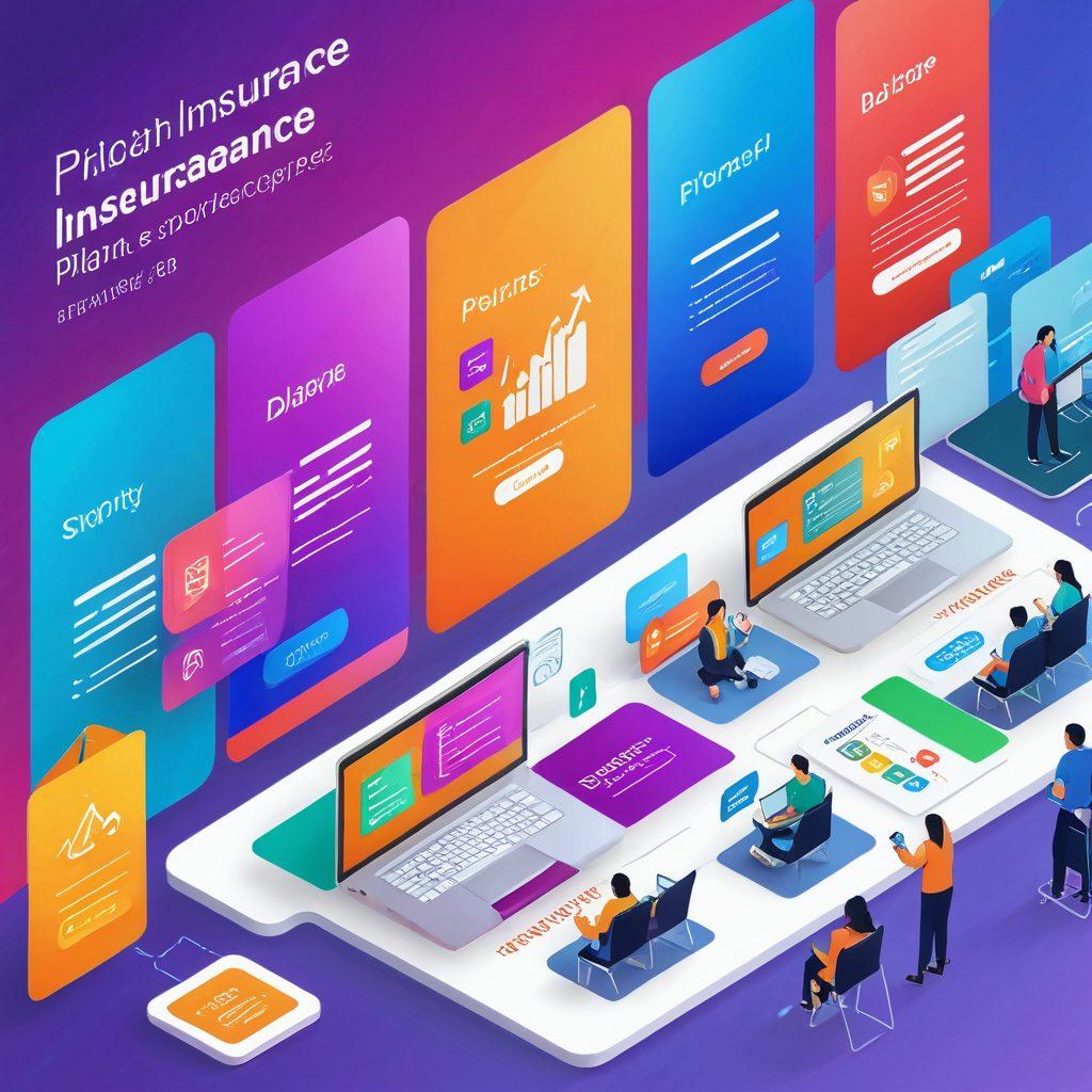 A modern digital marketplace scene showcasing diverse insurance plan options displayed as colorful digital banners. A comparison chart with checkmarks and price tags is prominently featured. A diverse group of people, engaged in discussions about the plans, represents the target audience. The background includes elements like laptops and mobile devices, symbolizing online shopping. modern illustration. vibrant colors. 3D.