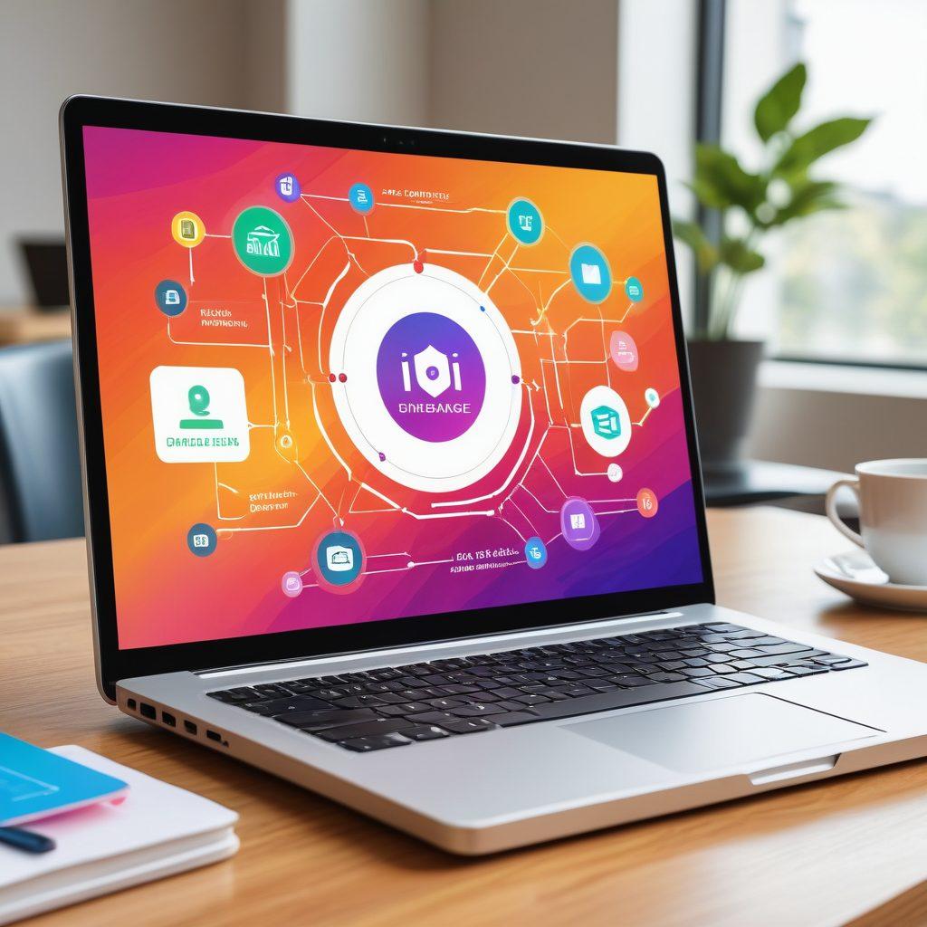 A modern, sleek laptop displaying a colorful infographic about online insurance solutions, surrounded by virtual icons of protection, trust, and savings. The background features a subtle digital landscape, symbolizing the vastness of the internet. Include a diverse group of people engaging with technology, showcasing collaboration and accessibility. The color palette should be bright and inviting, reflecting a positive outlook on online resources. vibrant colors. contemporary design. digital art.